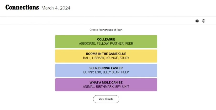 Connections Game solution screen showing four groups of words solved in four colors: yellow, green, blue, and purple.