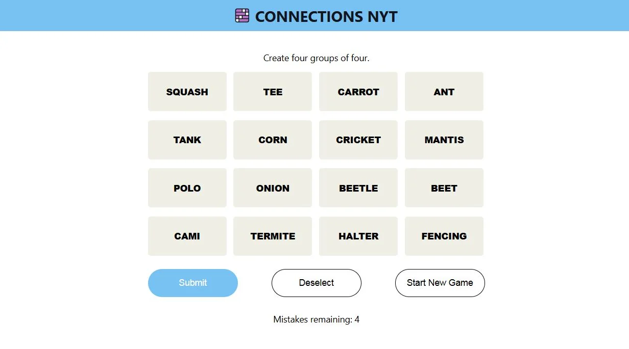 Connections Game starting grid screenshot with 16 random words representing the NYT puzzle challenge