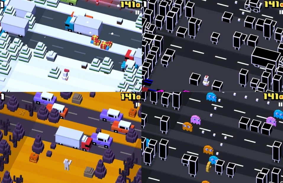 Each character corresponds to a different interface in Crossy Road