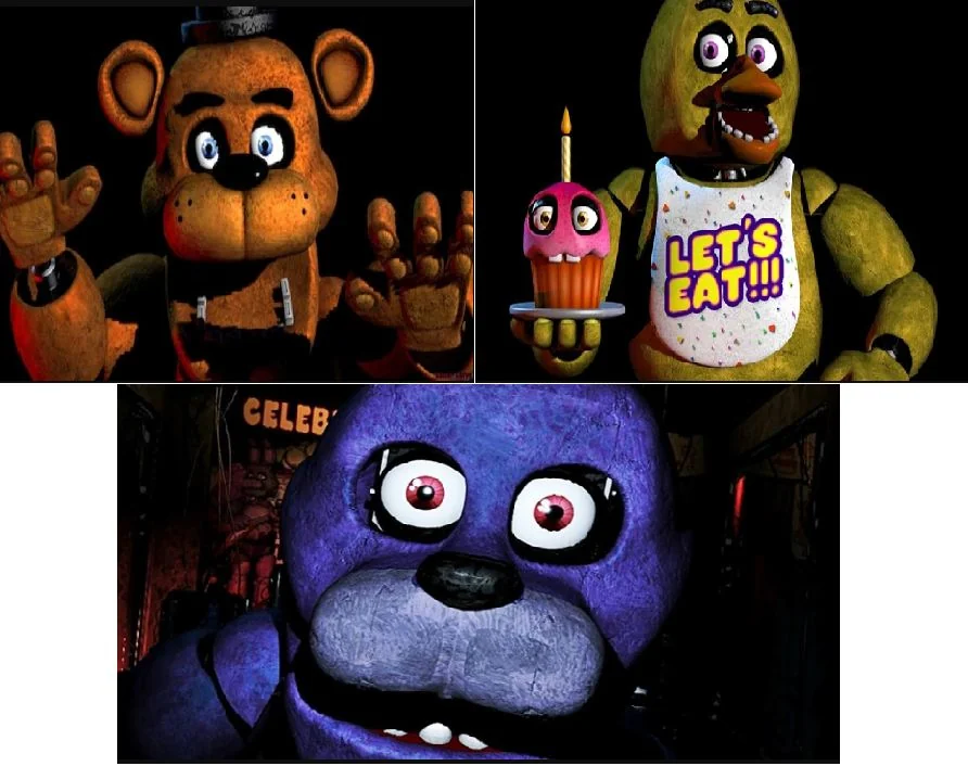 Freddy Fazbear, Bonnie the Bunny and Chica the Chicken in Five Nights at Freddy's