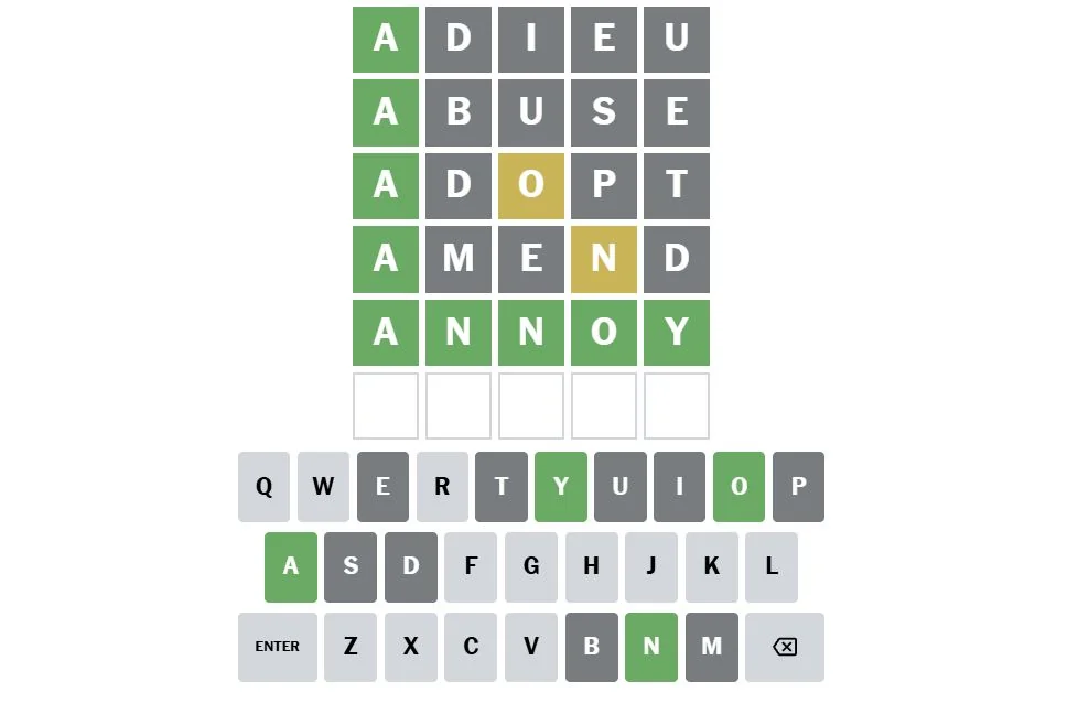 Green yellow and grey grid showing the Wordle answer