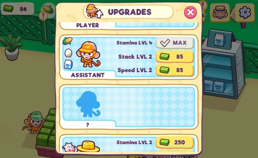 Monkey-Mart-game-upgrades-menu-showing-options-to-upgrade-player-and-assistants