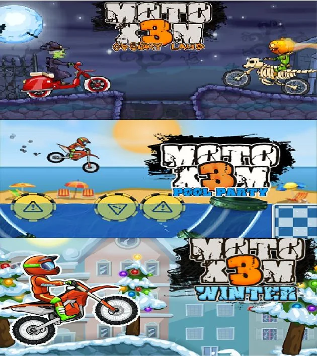 Moto X3M Winter, Pool Party and Spooky Land version