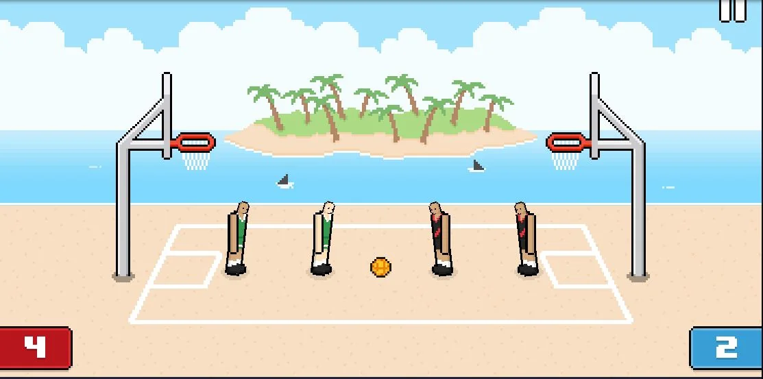 Basket Random gameplay screenshot on a beach court with random basketball player characters.