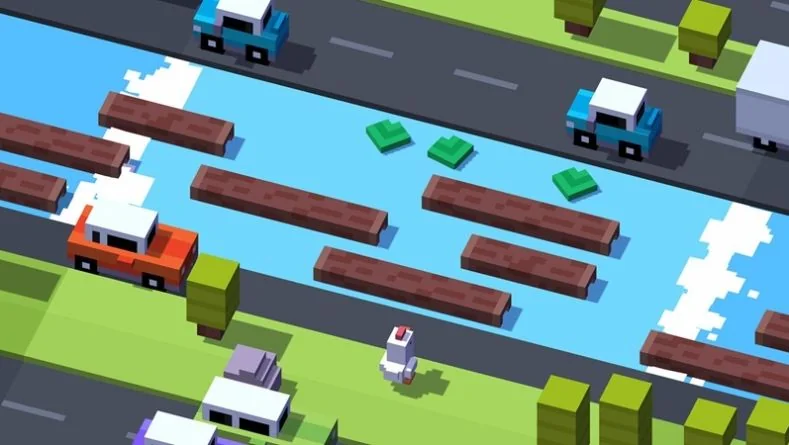 dodging obstacles in Crossy Road
