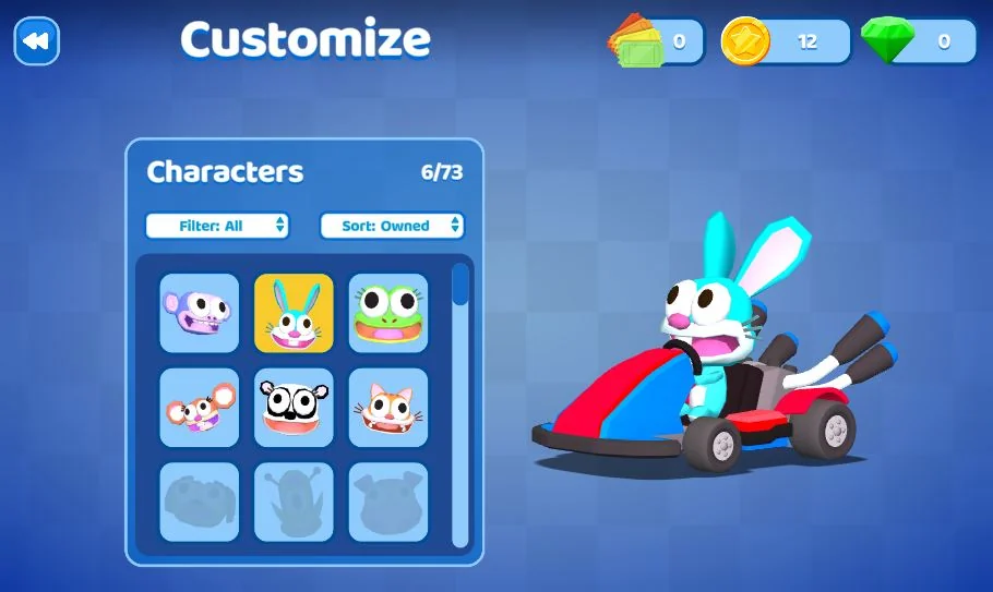 Customization menu in the Smash Karts game displaying a selection of unique characters, hats, and kart skins for players to unlock.