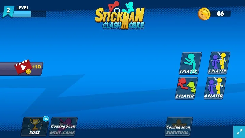 homepage of stickman clash, 4 mode for players: 1 player, 2 players, 3 players, 4 players