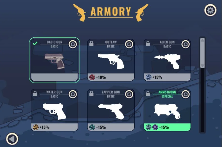 screenshot of many kinds of gun player can unlock in Gunspin